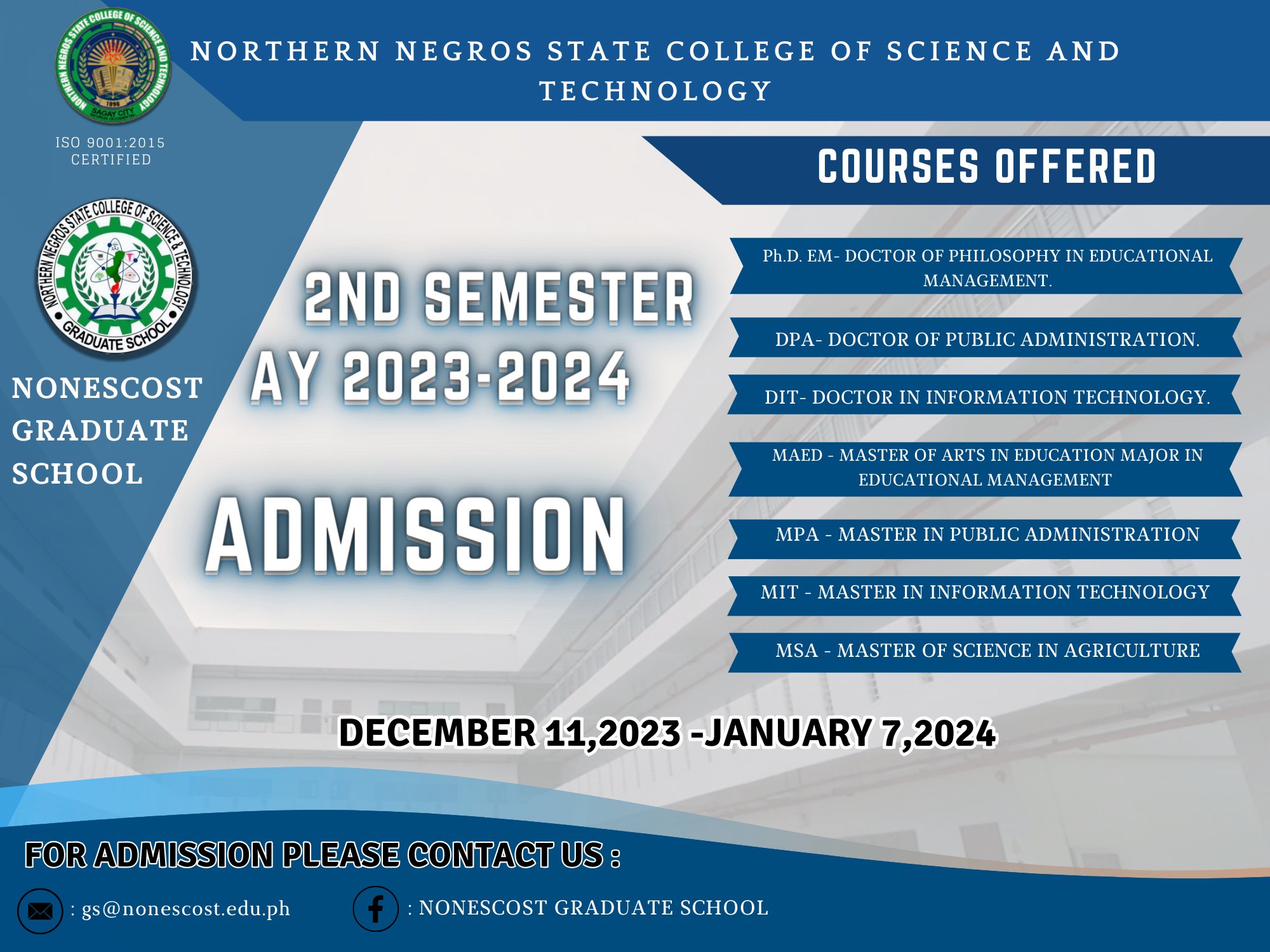 SUNN - 2nd SEMESTER 2023-2024 ADMISSIONS: Nonescost Graduate School is ...