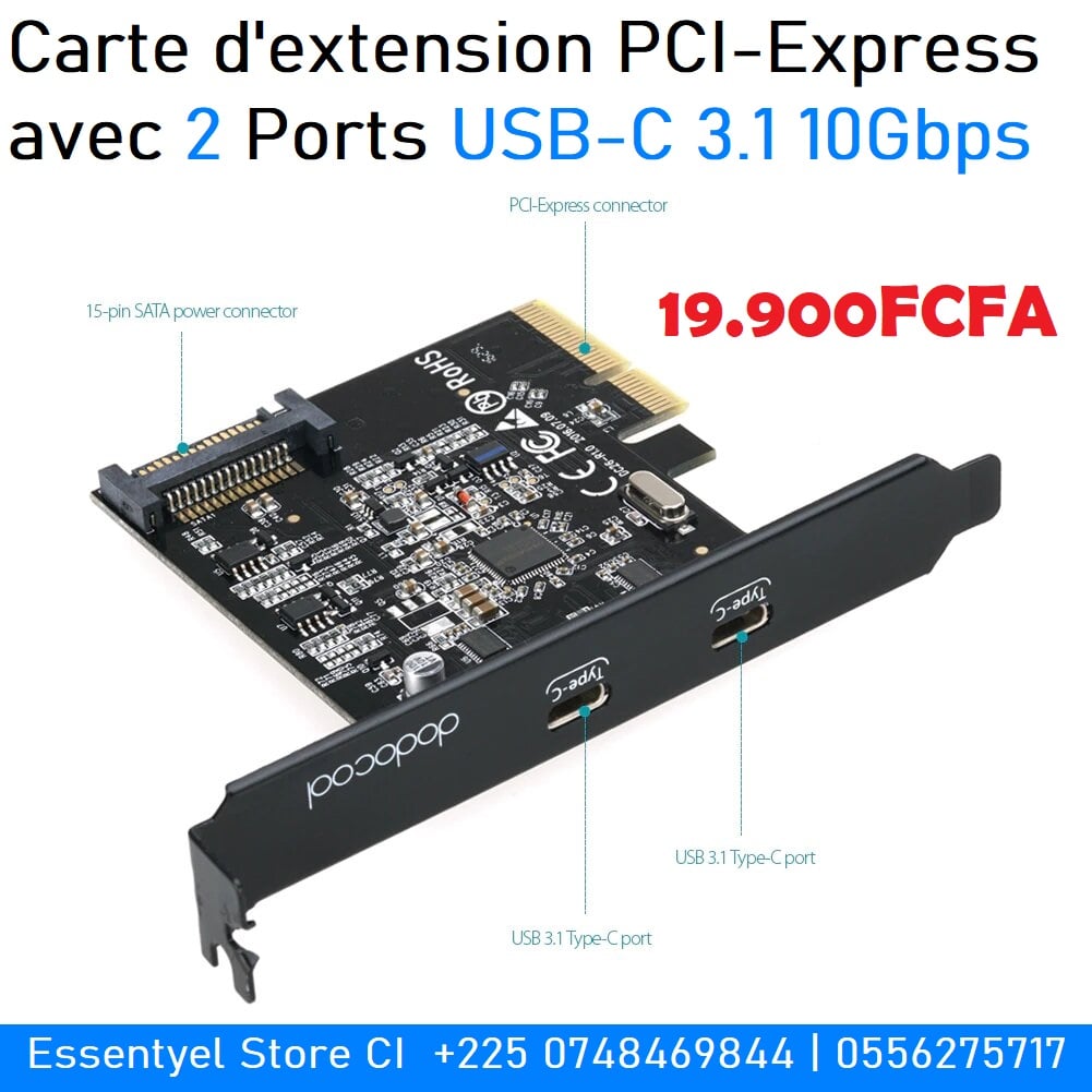 Carte Extension PCIe YEELIYA USB C 10Gbps - 2 Ports USB C + 2 Ports Internes Type E