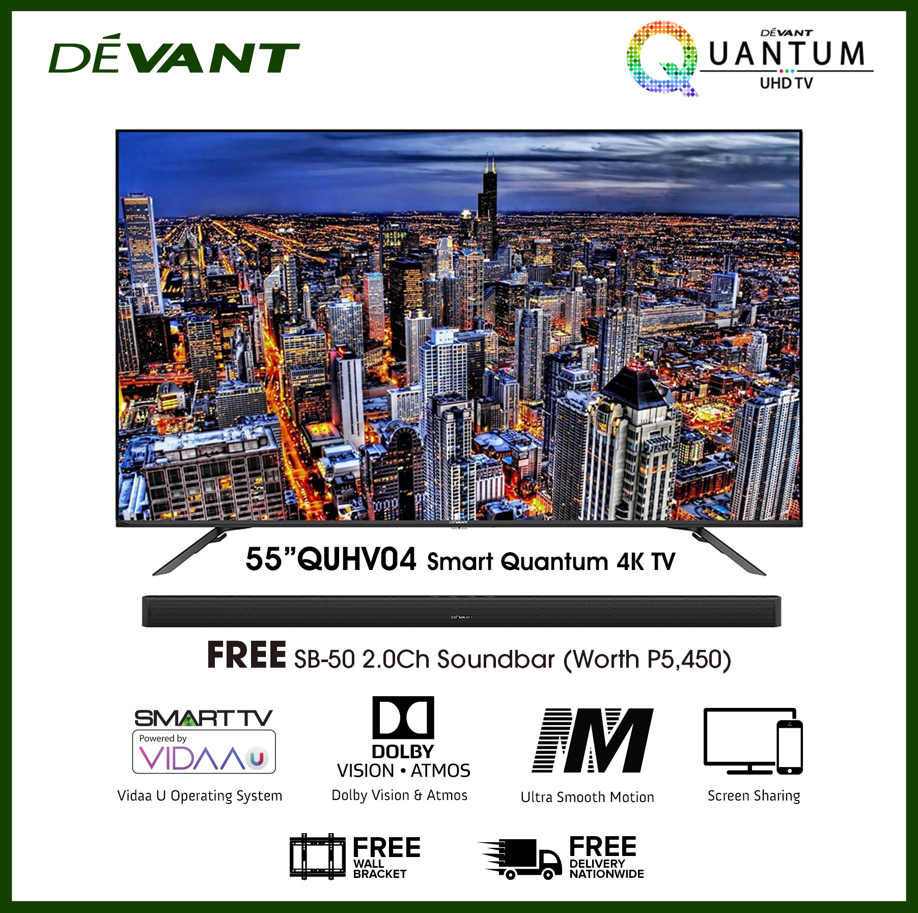 Devant - DEVANT 55-inch 55QUHV04 Smart Quantum 4K TV with FREE Soundbar ...
