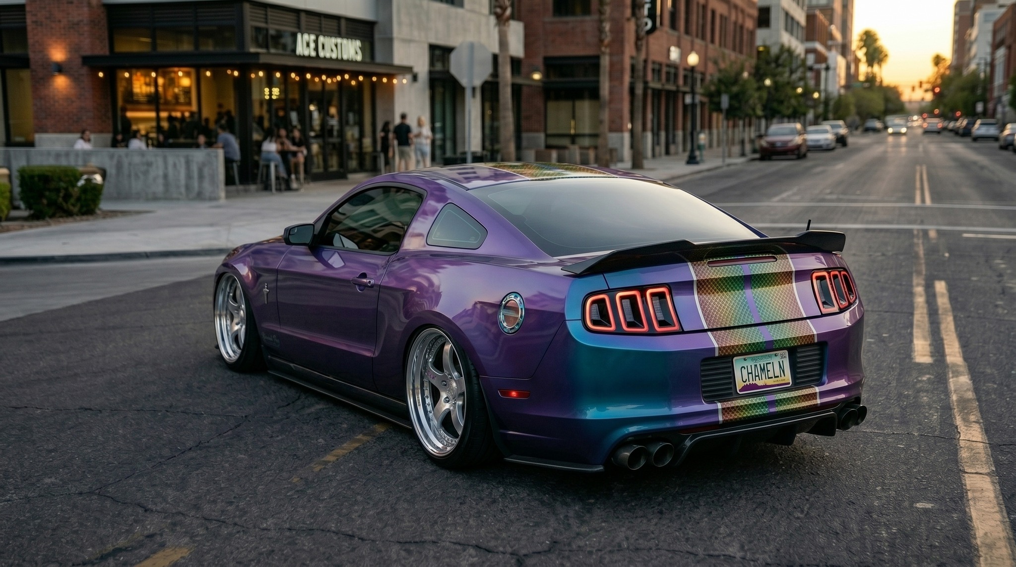 Aqua violet over black, Komodo flip pearl over black racing stripes
