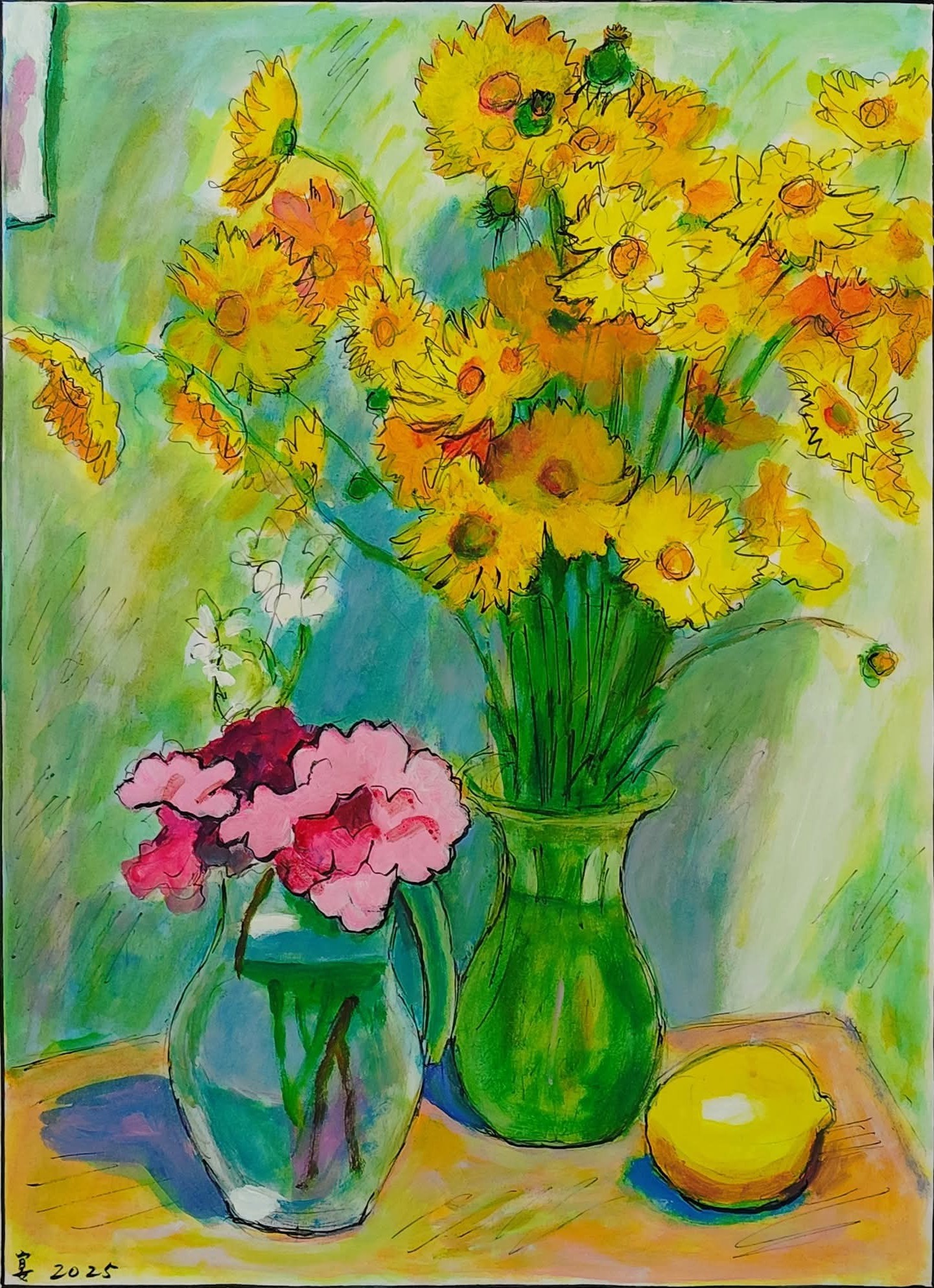 野の花 ( 5 ) ] 48 x 35 cm 紙にインク墨と水彩 2022 花見 宴 * 作者蔵