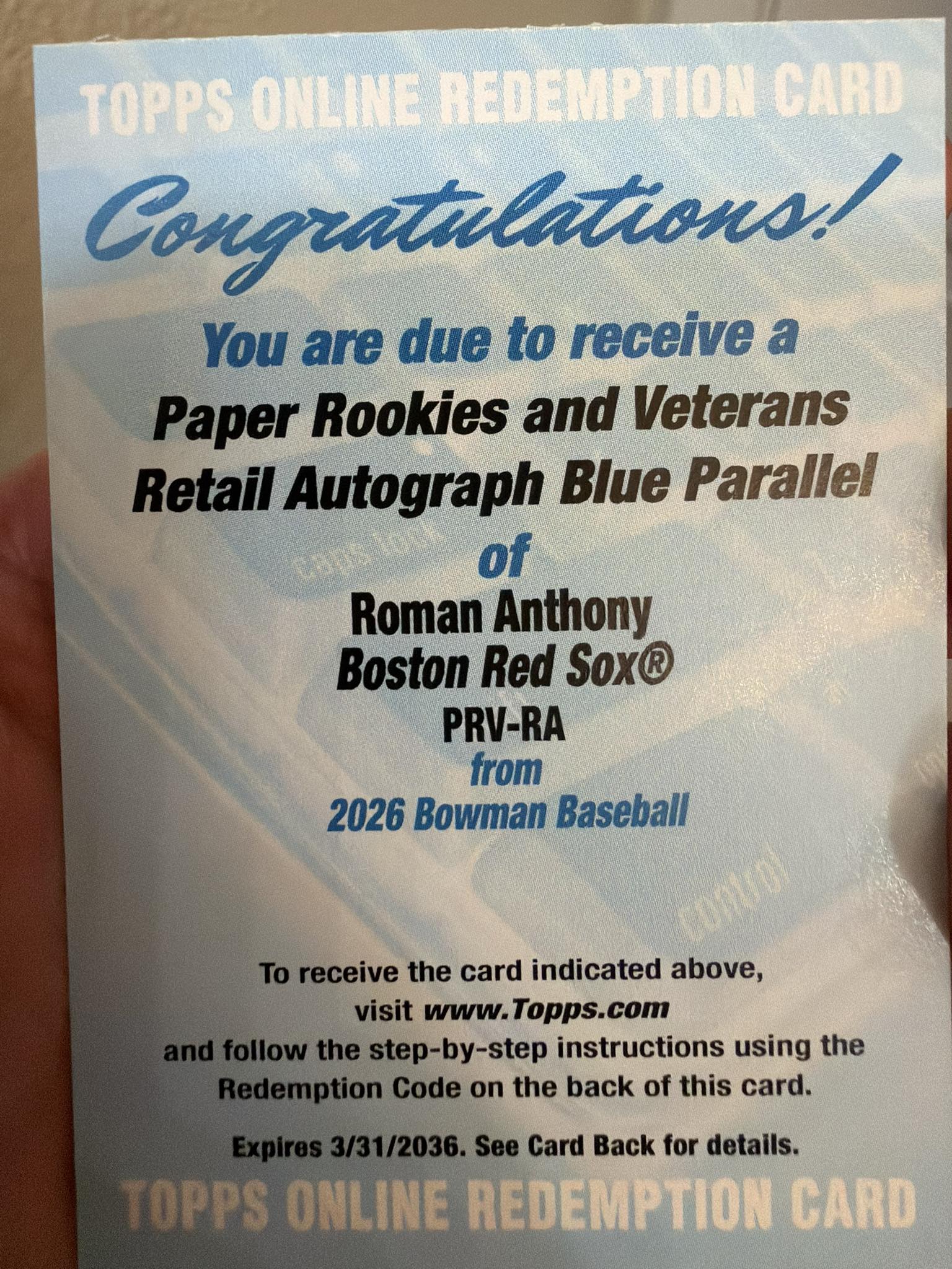 1st time pulling a redemption card! Roman Anthony ?