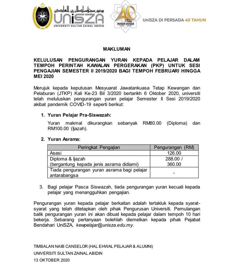 Pengurangan Yuran Pelajar Majlis Kolej Kediaman Unisza Facebook
