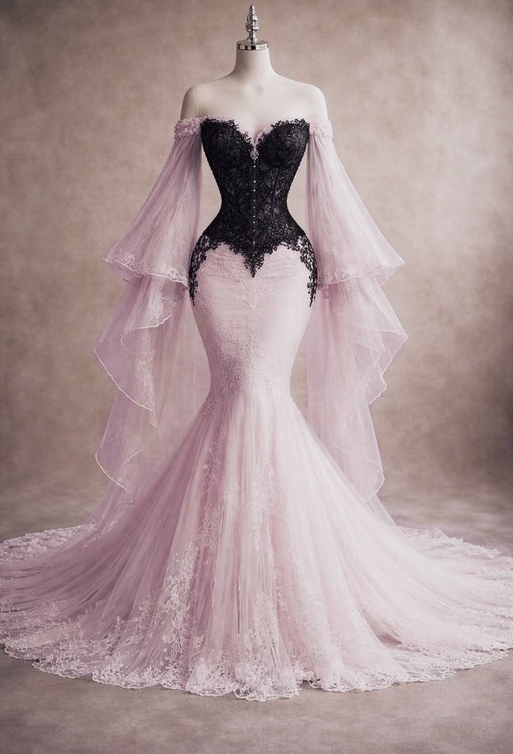 pink and black wedding dress KissProm Modern Gothic Boho Lace Vintage Unique A-Line Long Sleeve Bridal Gown with Court Train, Black / 2 A flattering leg slit adds a modern Pink And Black Wedding Dresses