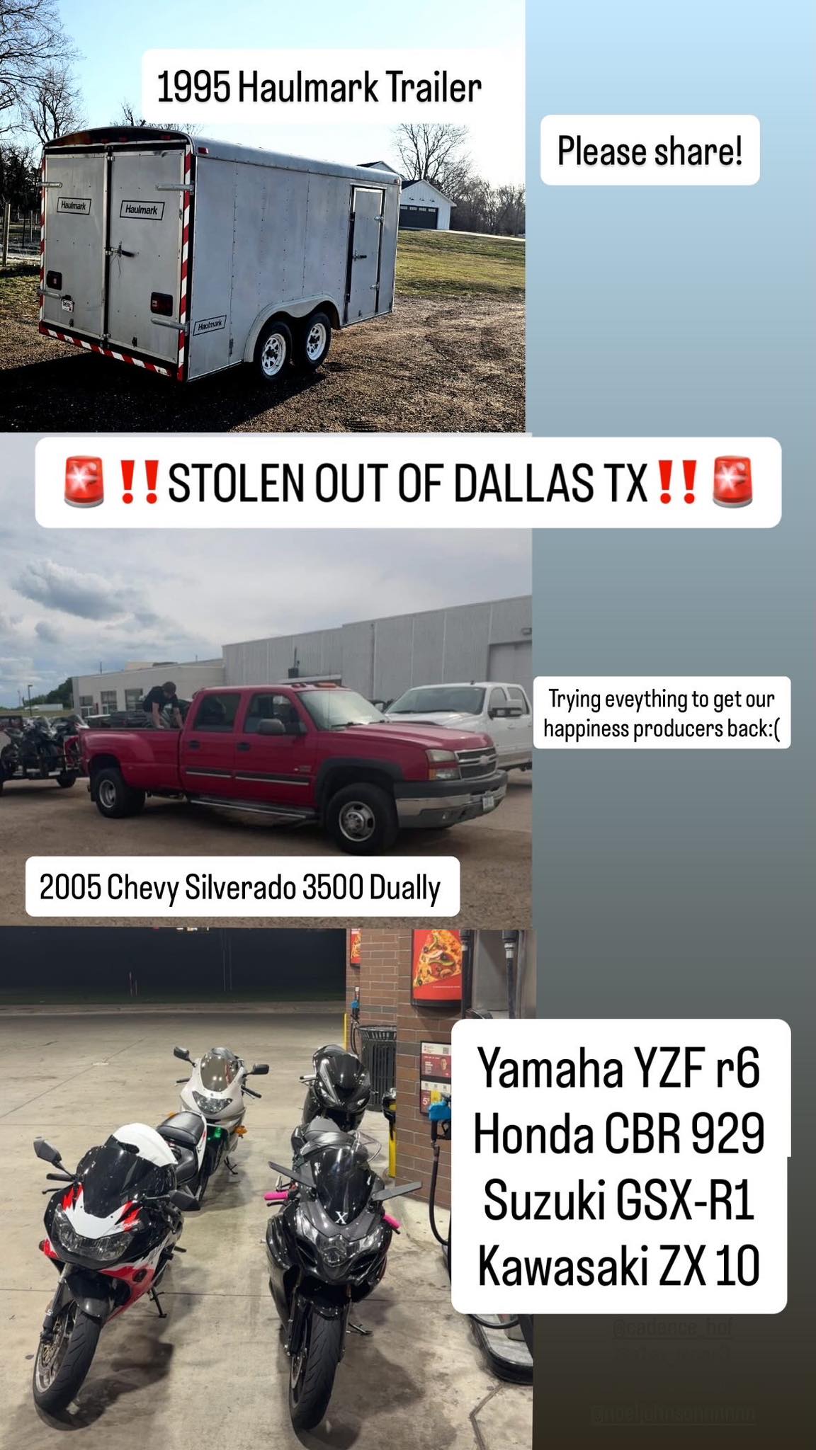 Stolen motorcycles and truck in Dallas, TX: Yamaha R6, Honda CBR