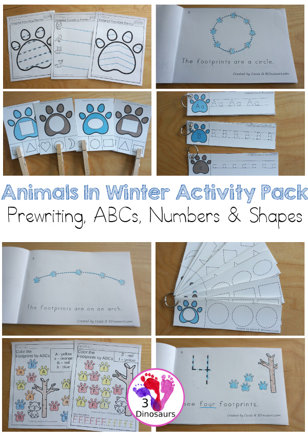 3 Dinosaurs - Animals In Winter Activity Pack Prewriting,...