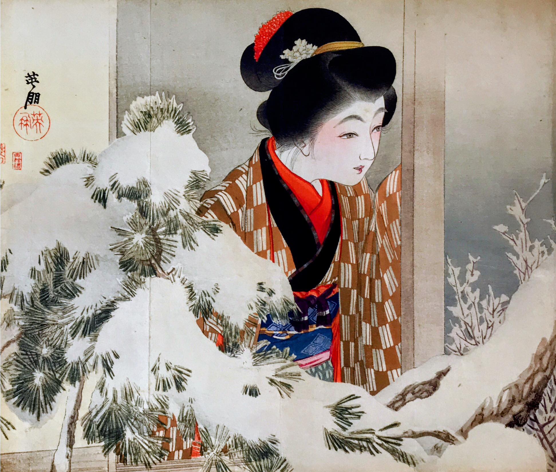 鰭崎英朋 木版画 題名【寒紅梅】耽美と写実の世界 大短冊 多色刷 鰭崎