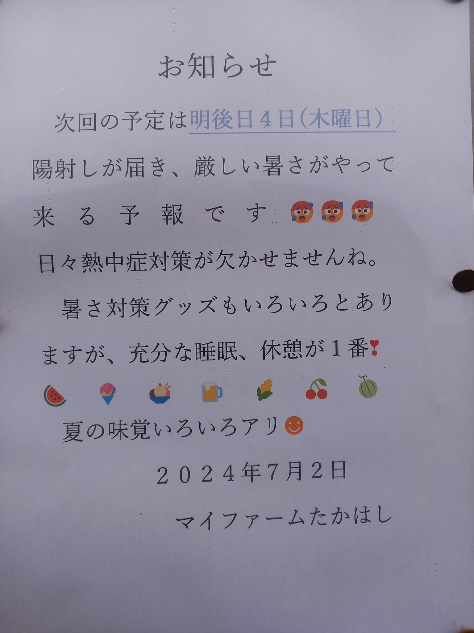 マイファームたかはしさんからのお知らせ 7月4日(木曜日)日の出 