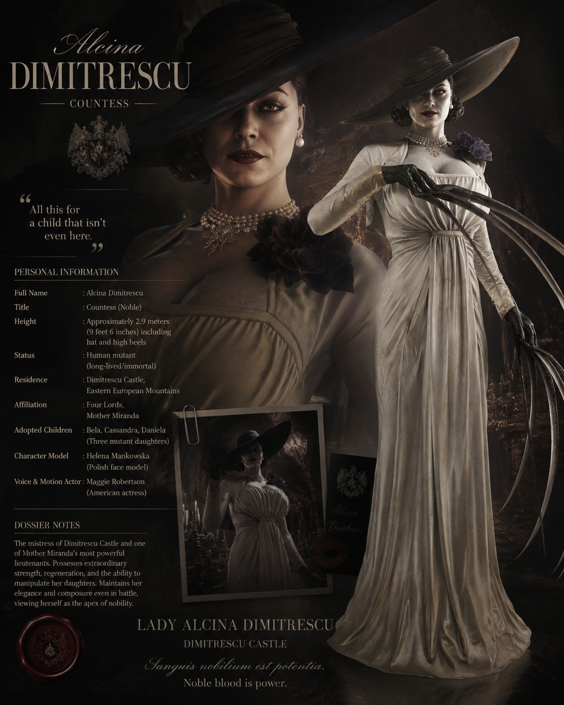 lady dimitrescu dress name Countess Alcina profile and background in Resident Evil Village length5