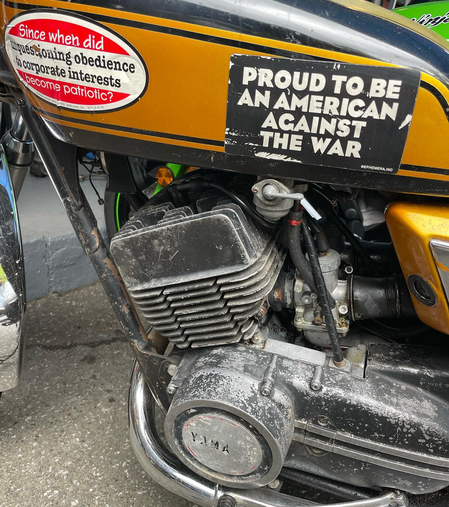 What are the stickers on this vintage Yamaha DG motorcycle?