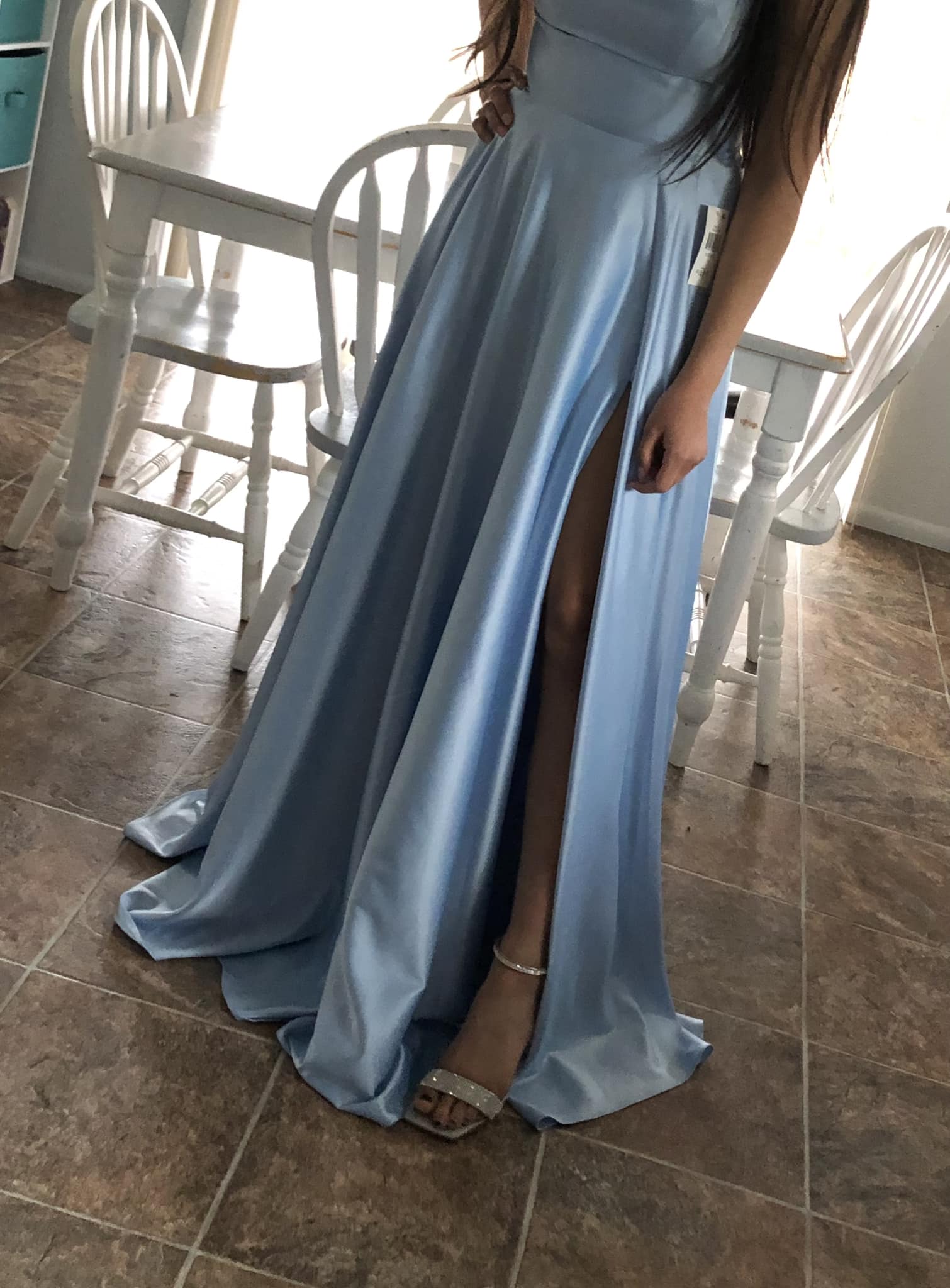 open lace back dress Chic A-line Strapless Light Sky Blue Long Prom Dresses Simple Satin Ev   SELINADRESS