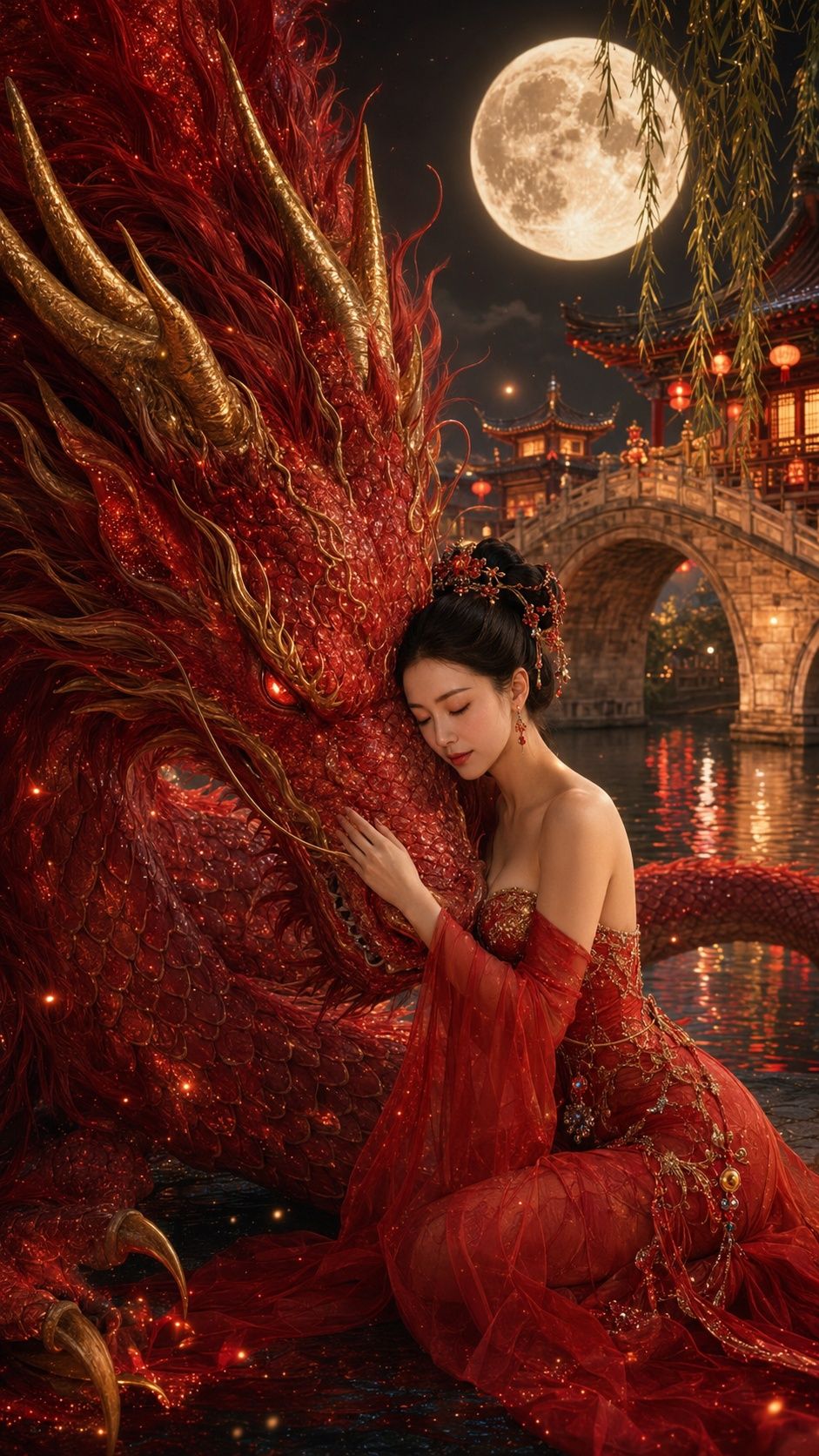 VIVIENNE TAM Red Lace Dress with Gold Dragon Embroidery