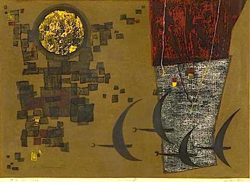 天野邦弘　現代版画　一番人気作品　「モーニング・ムーン」 Morning Moon', a 1965 woodblock print; ink and colour on paper, by