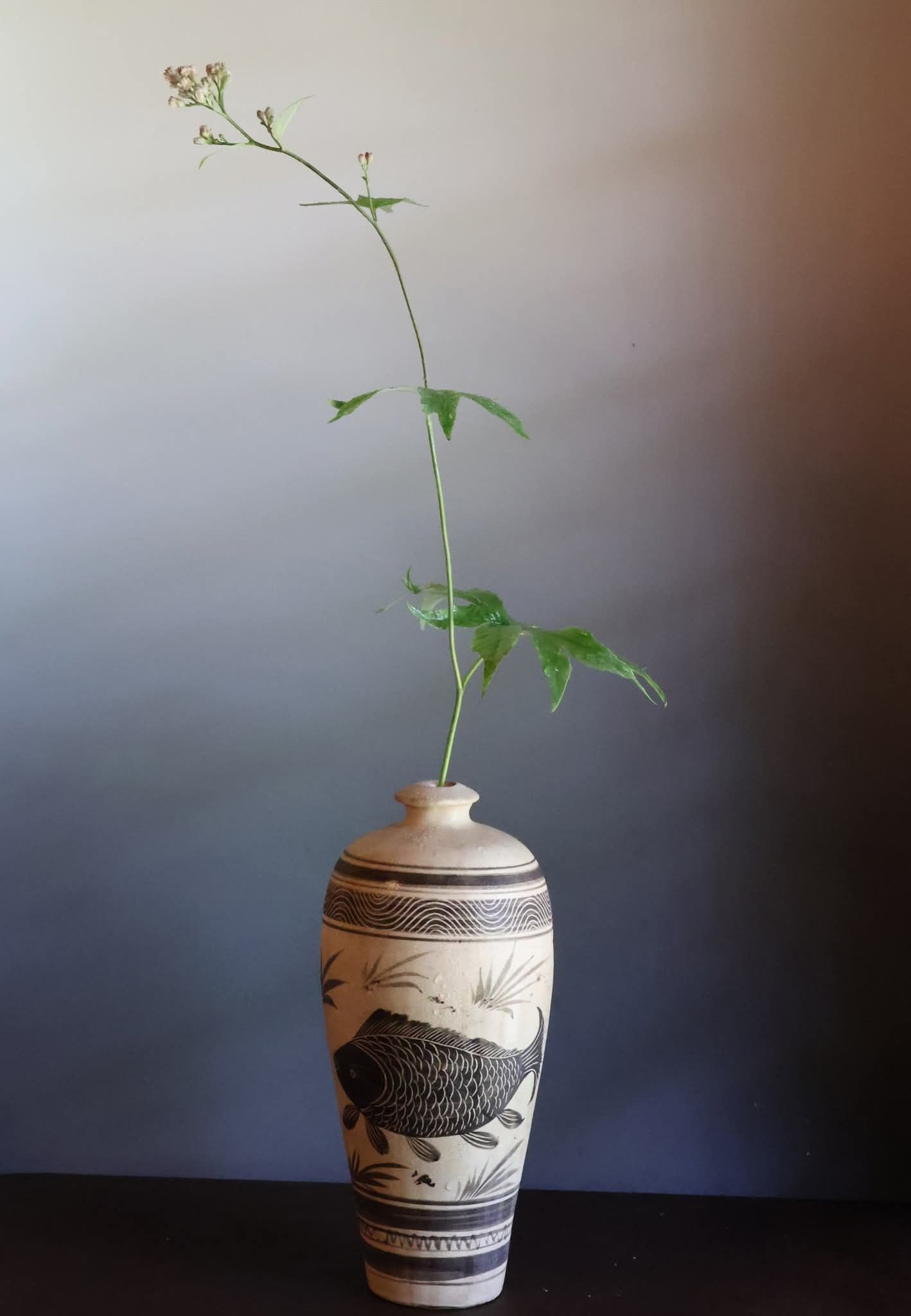 茶花、破れ傘(やぶれがさ)を挿しました。」
