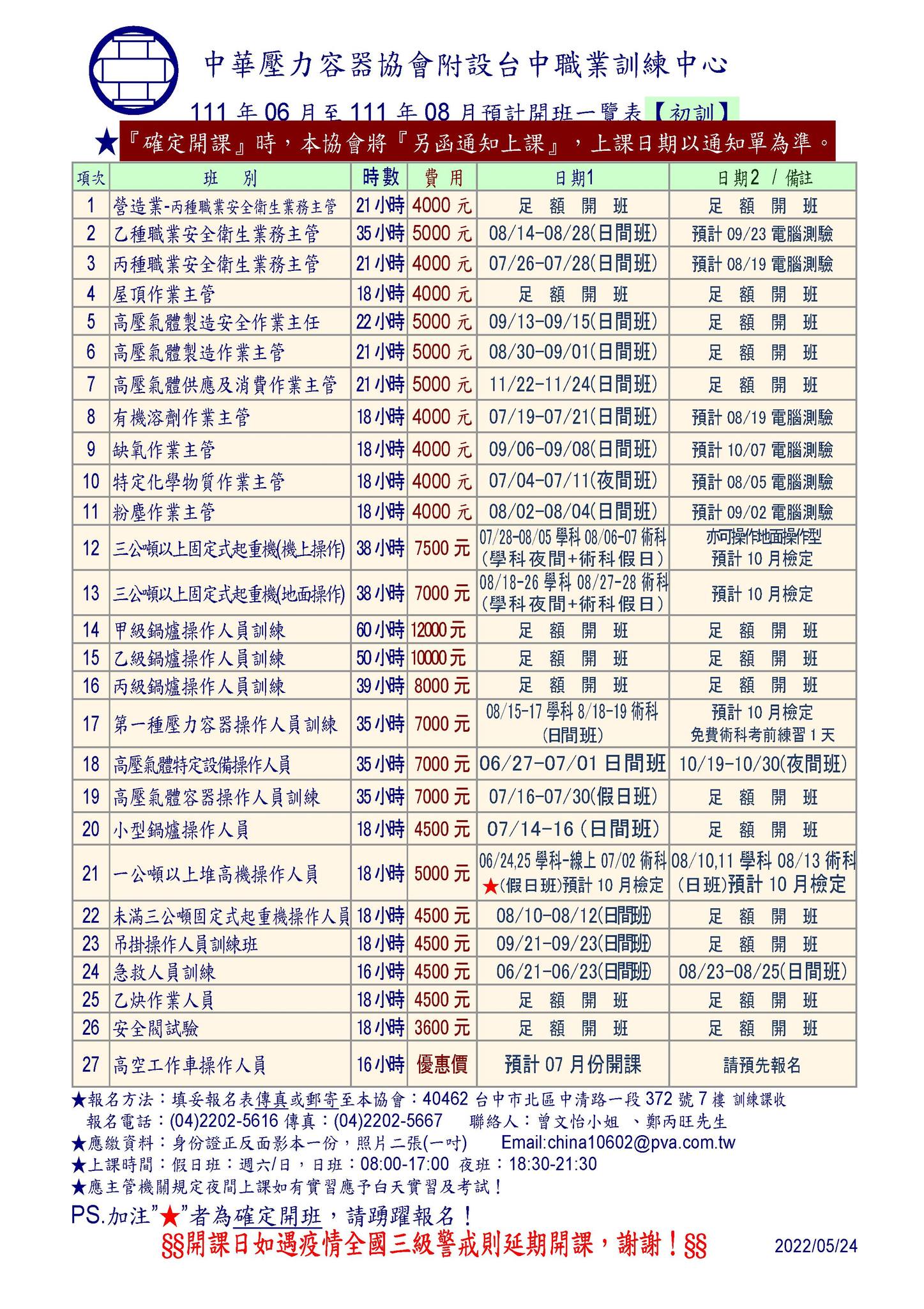 111年06月~08月最新的開課ㄧ覽表 來囉！ 有任何問題，歡迎留言詢問... - 中華壓力容器協會附設台中職業訓練中心 | Facebook