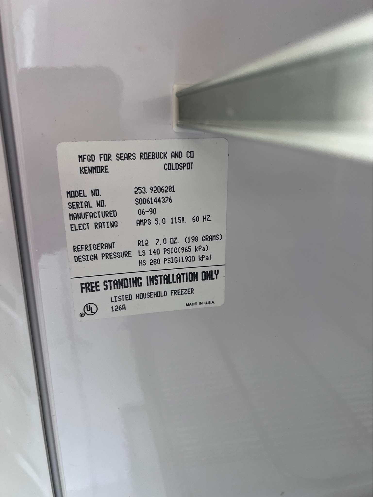 Reliable white Kenmore Coldspot upright freezer model 253.9206281