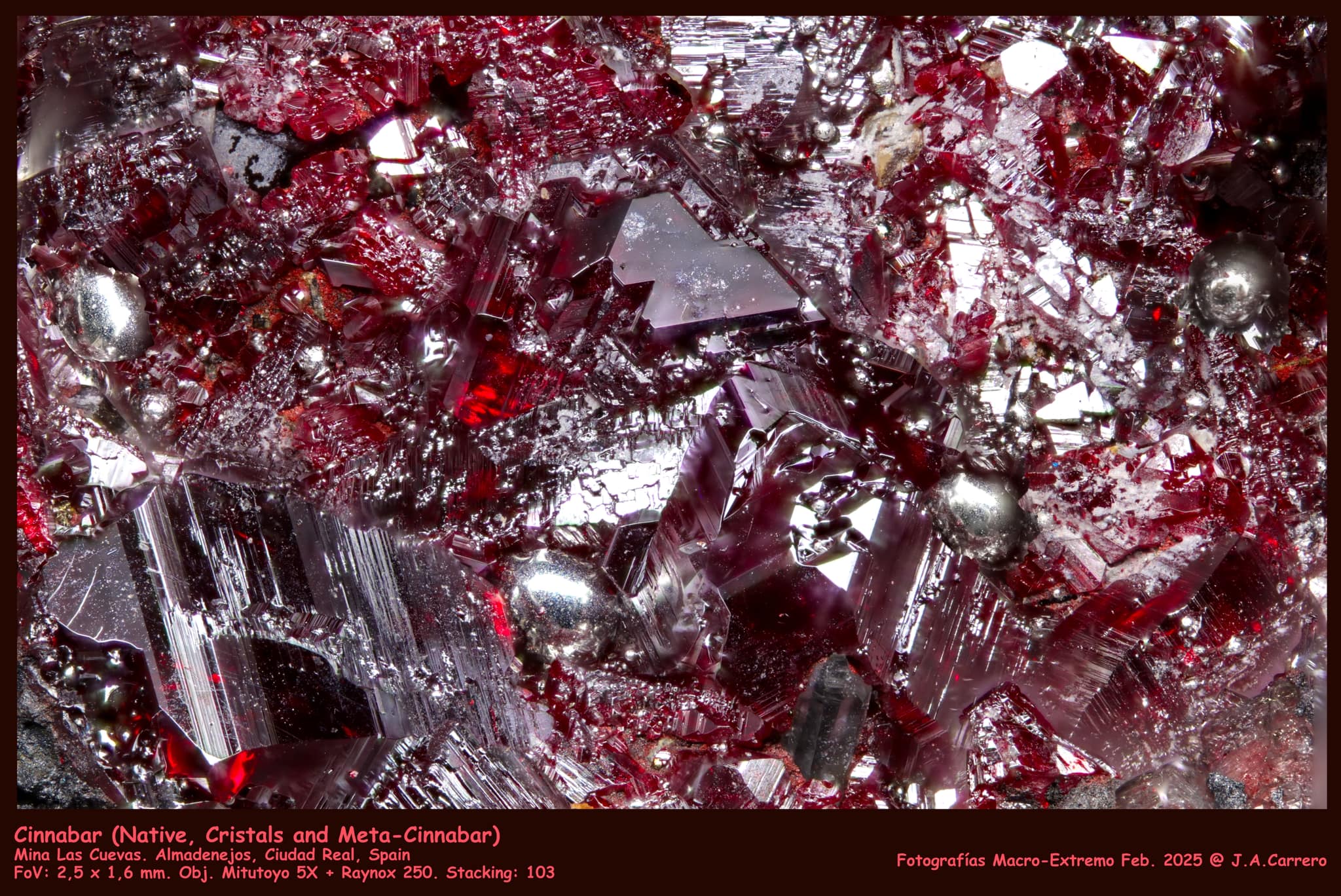 Native mercury and cinnabar on matrix from Almaden, Spain
