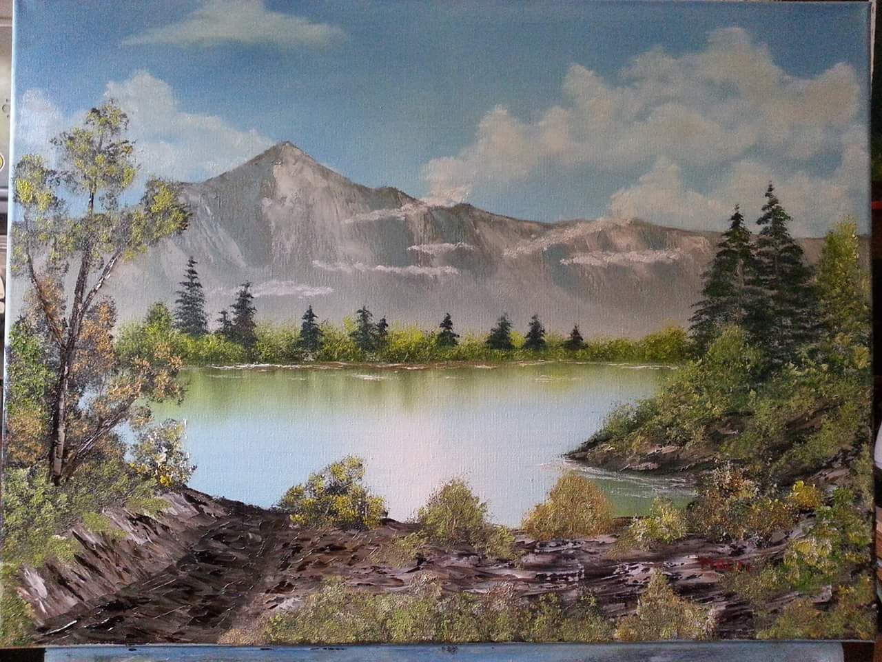Bob Ross style Mountain Ridge Lake painting