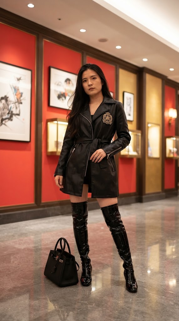 A full-body indoor photograph of a young Asian woman with long black hair, looking directly at the camera with a confident expression. She is wearing a stylish black faux-leather trench coat featuring