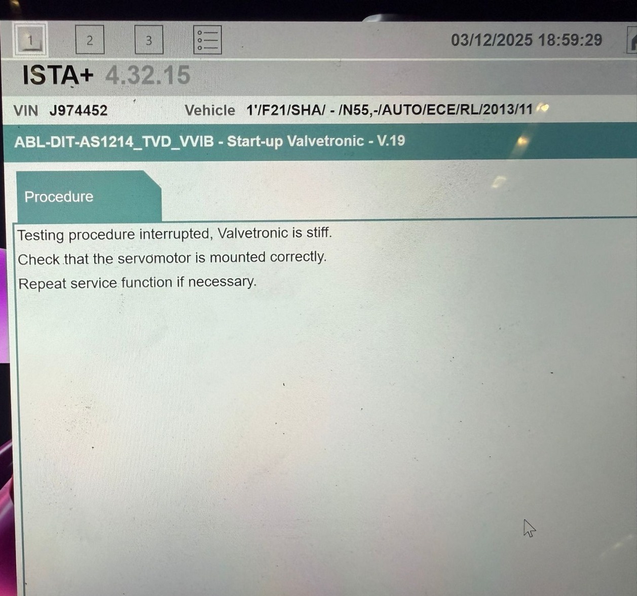BMW N55 Valvetronic start-up error after replacement
