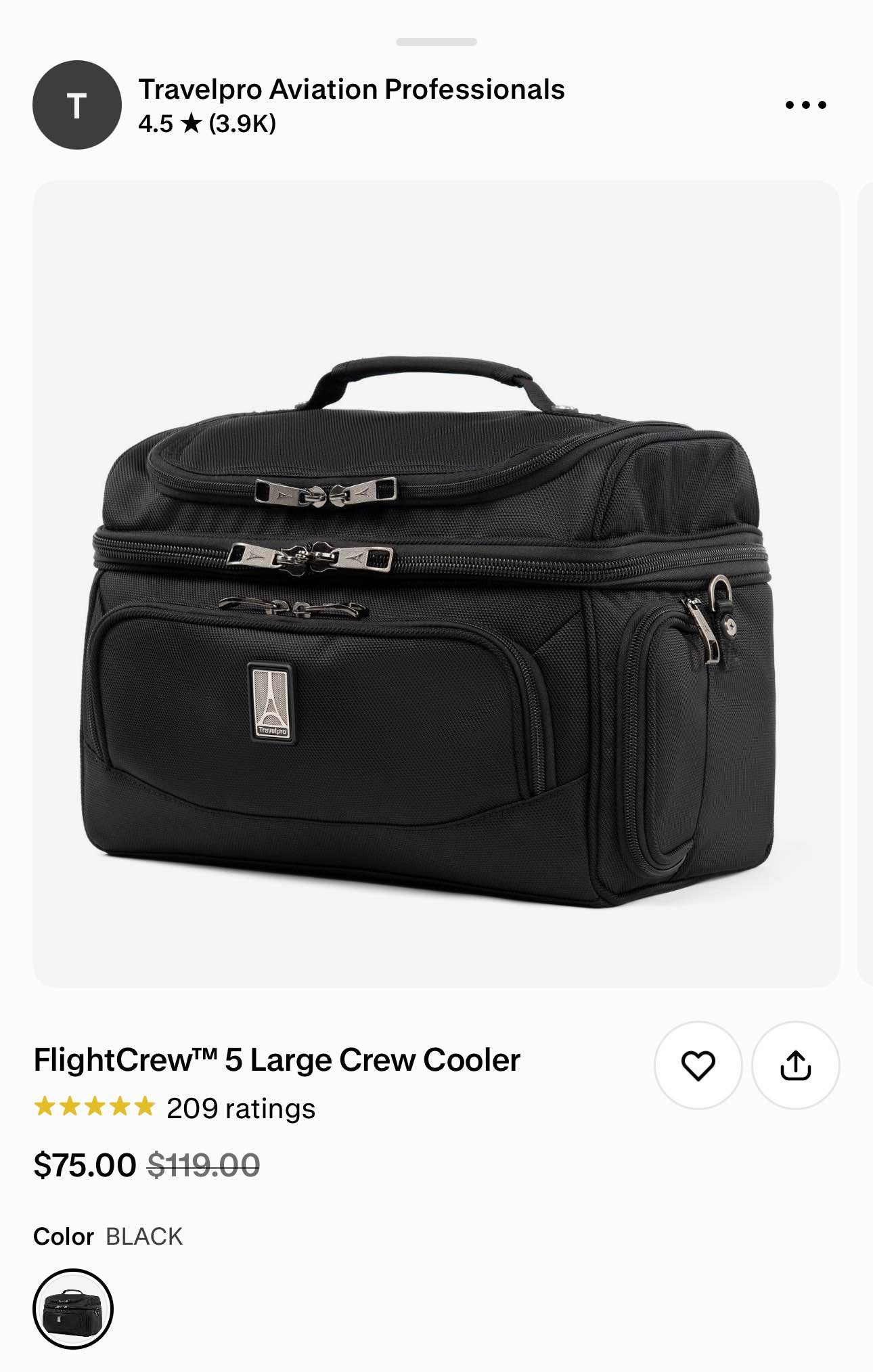 Travelpro FlightCrew 5 Large Crew Cooler in black. Airline 