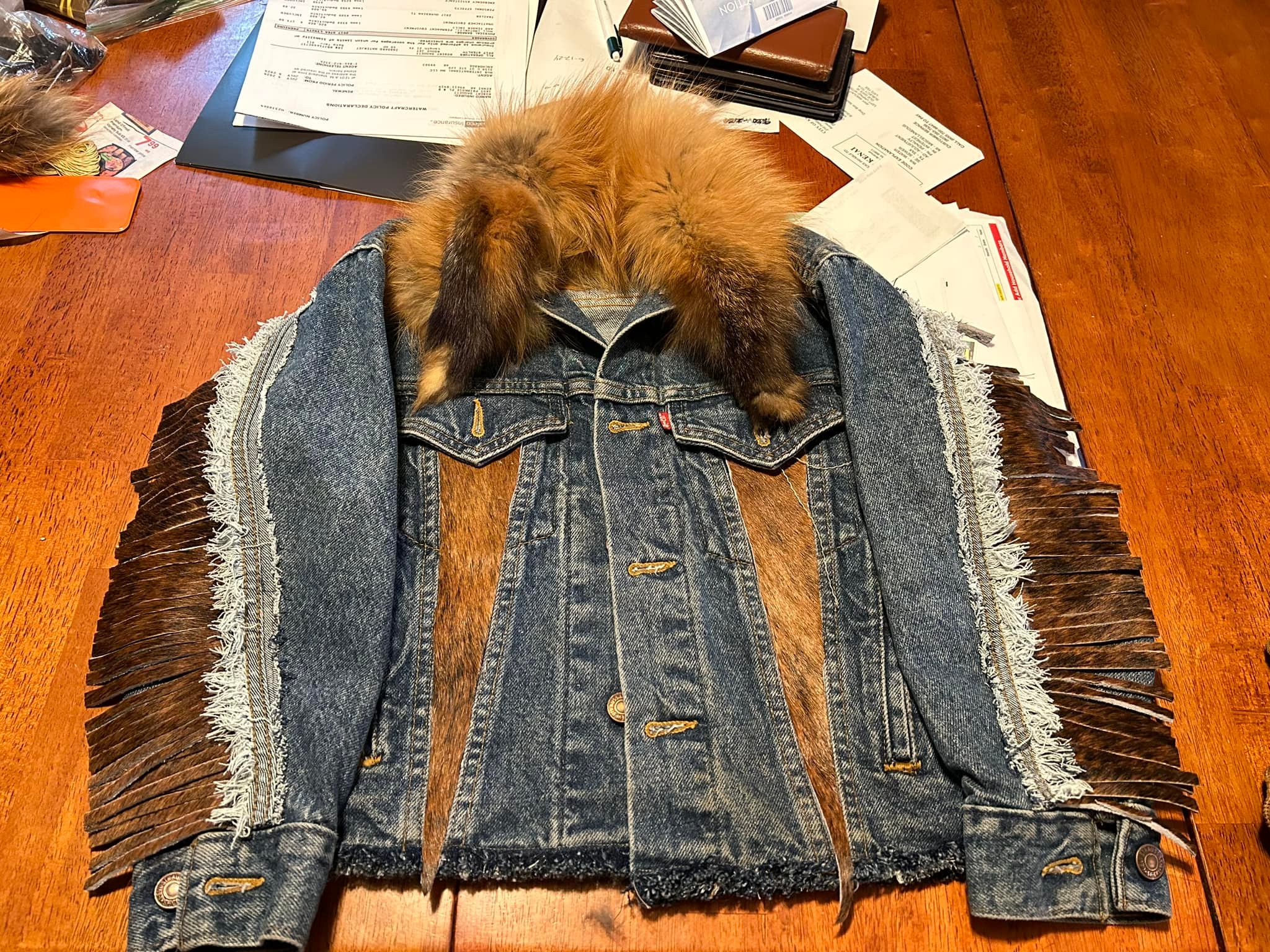 Upcycled vintage Levi jacket with fox fur and denim accents