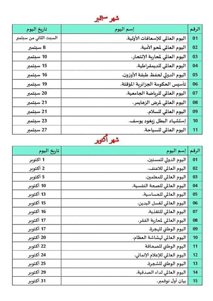 رزنامة الأعياد الوطنية والأيام العالمية Unea St Mostaganem Facebook