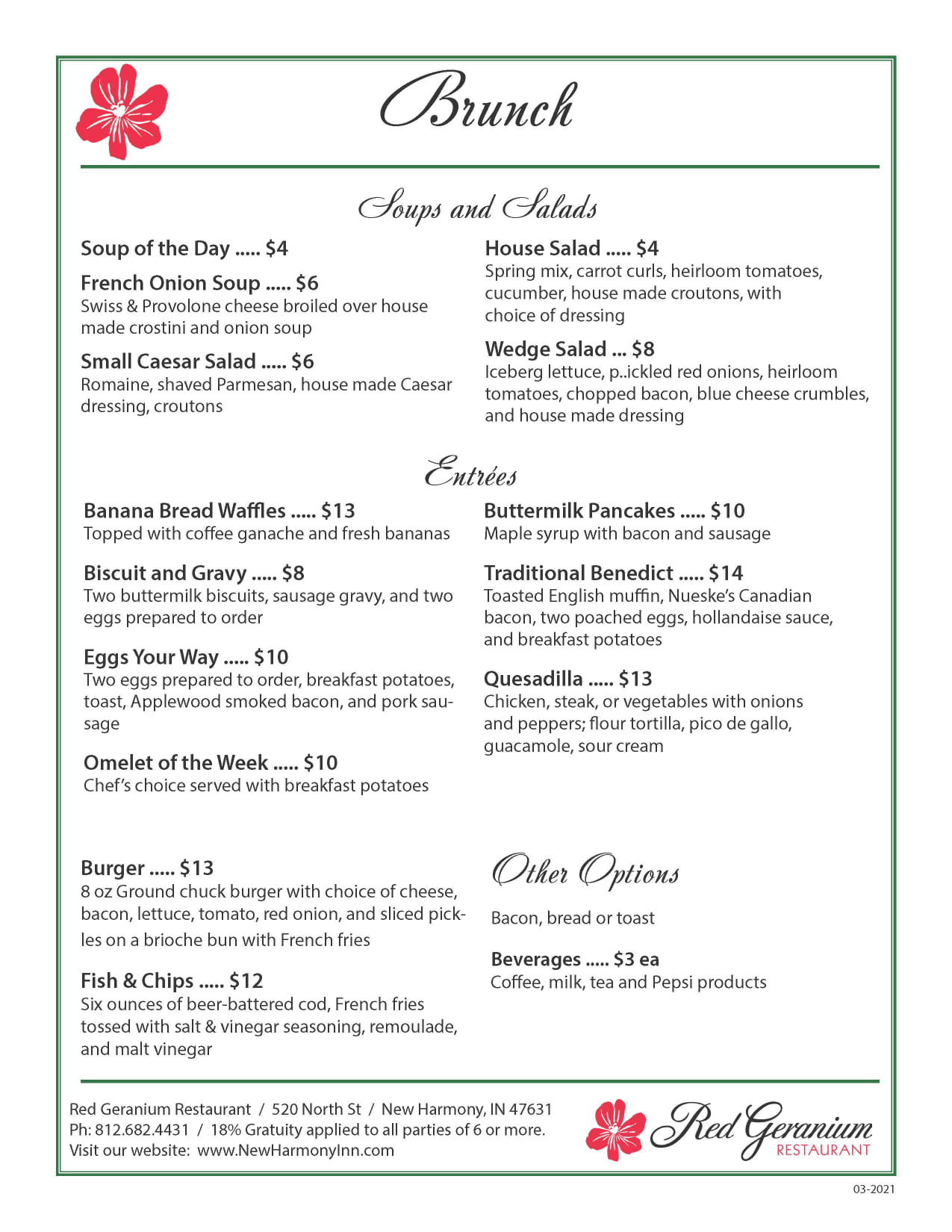Red Geranium Restaurant | New Harmony IN