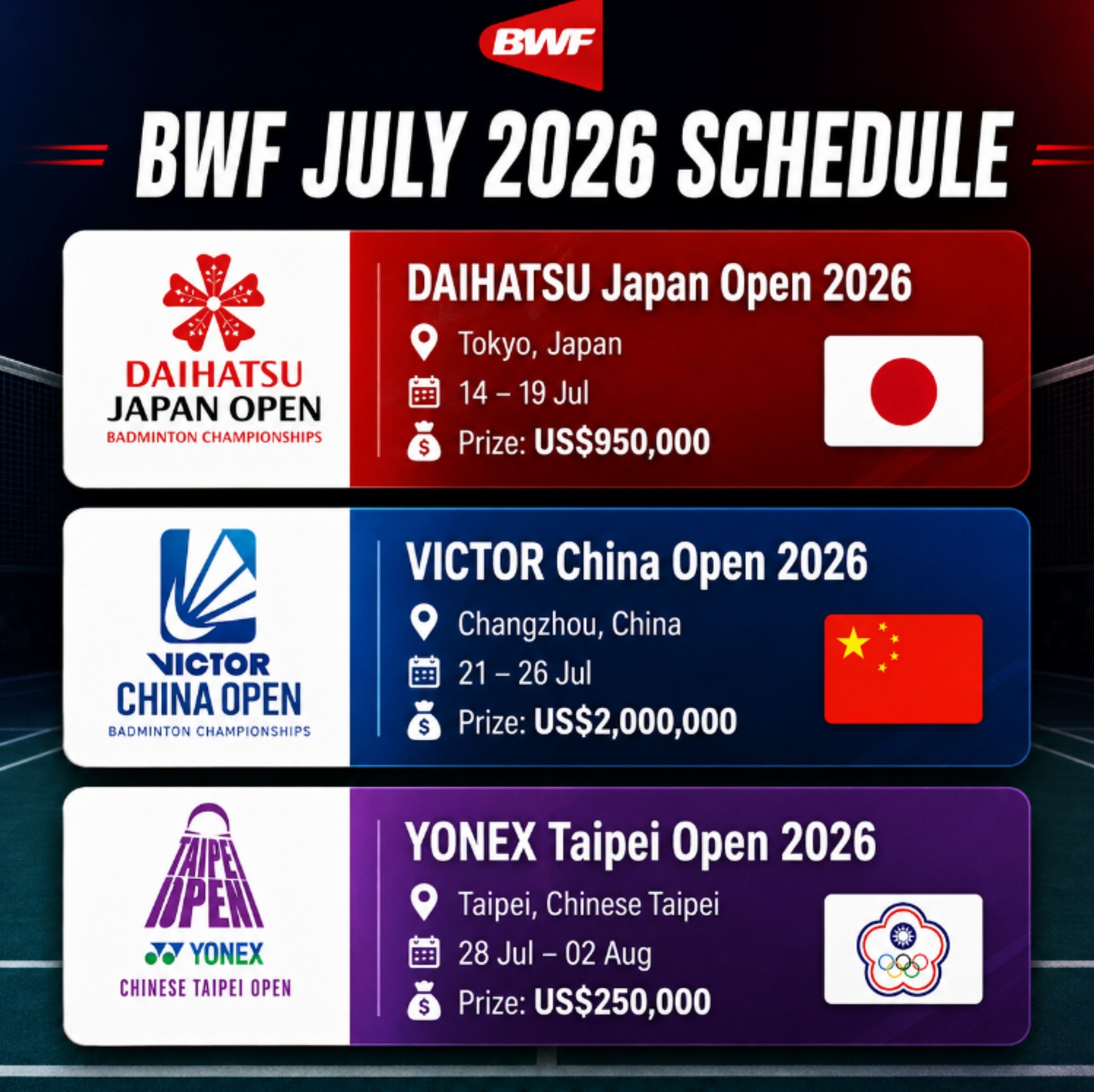 BWF July 2026 tournaments: Japan Open, China Open, and Taipei Open
