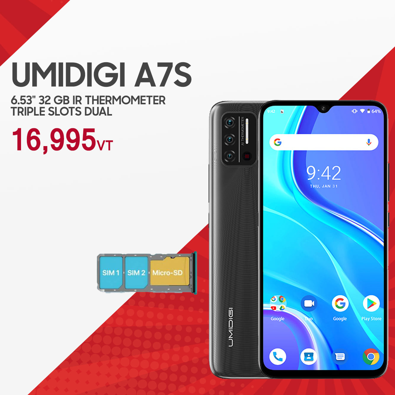 Umidigi A7S 2GB RAM + 32GB Memory, IR Thermometer, 6.53in Screen
