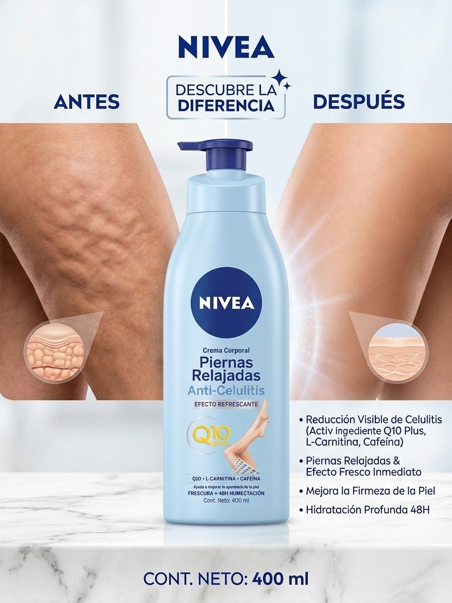 45.000 NIVEA ANTES DESCUBRE LA DIFERENCIA DESPUÉS NIVEA Crema Corporal Piernas Relajadas Anti-Celulitis EFECTO EFECTOREFRESCANTE REFRESCANTE Q10 Reducción Visible de Celulitis (Activ ingediente Q10 Plus, L-Carnitina, Cafeina) Piernas Relajadas & Efecto