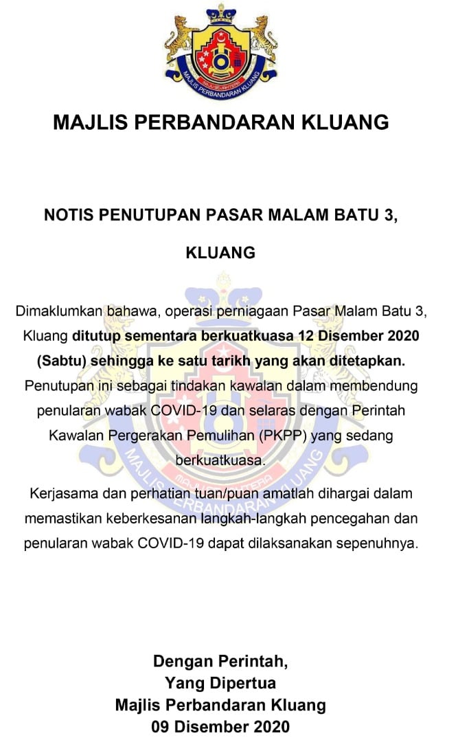 Notis Penutupan Pasar Malam Majlis Perbandaran Kluang Facebook