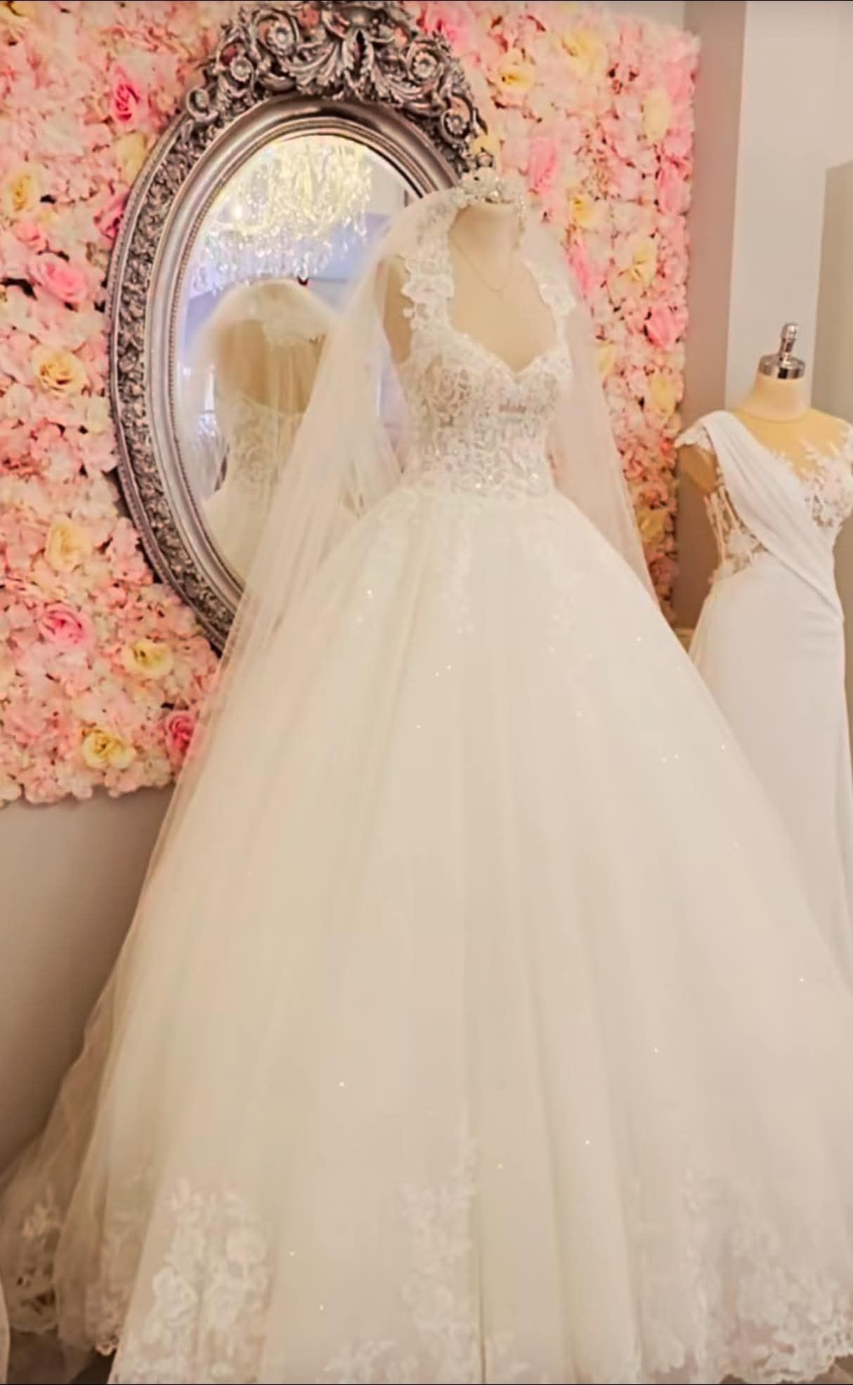 A lovely wedding gown with veil-train lovely lace detailing on the bodice