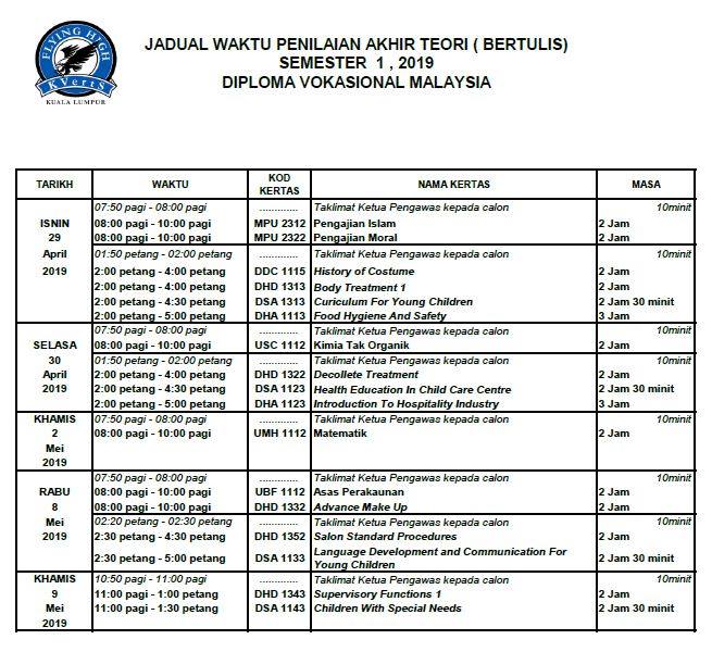 Jadual Penilaian Official Kolej Vokasional Ert Setapak Facebook