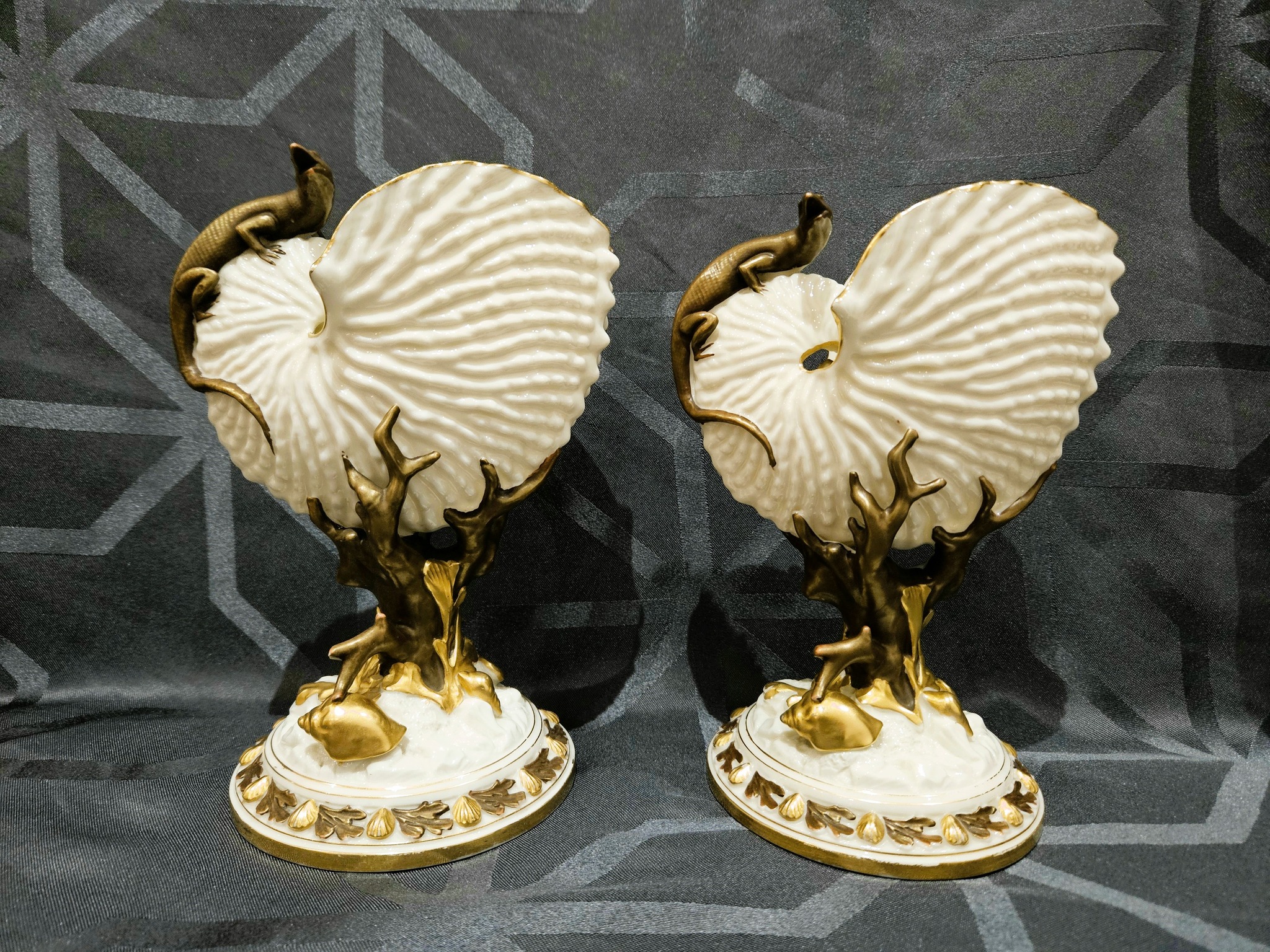 Grainger's Worcester porcelain shell vases with coral base