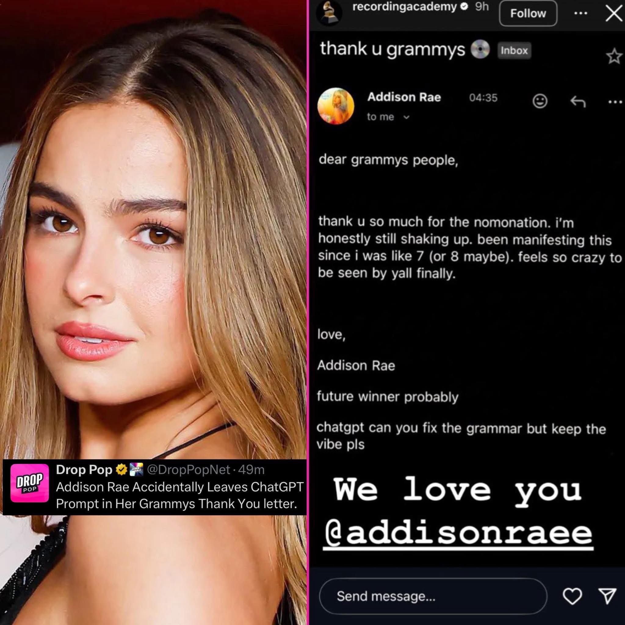 Sayyid - Addison Rae leaves her prompt for ChatGPT in her Grammys Thank ...