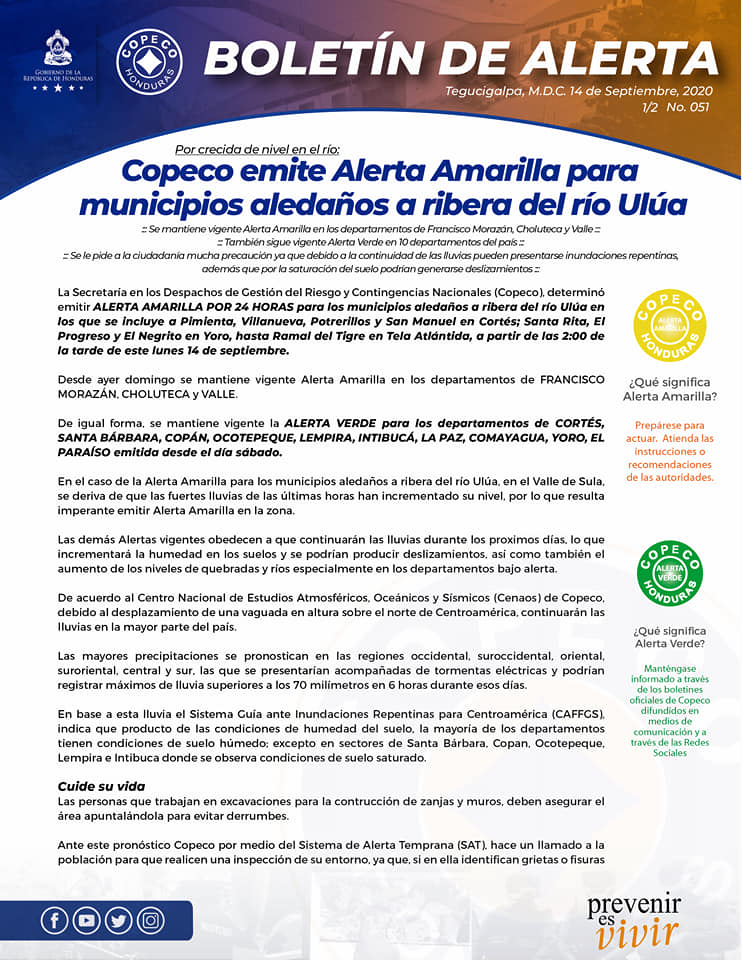 COPECO - Por crecida de nivel en el río: #Copeco emite...