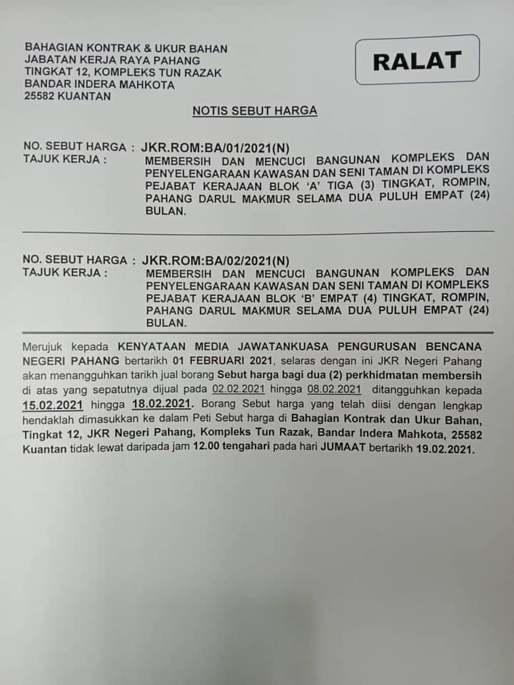 Jkr Daerah Rompin Ralat Notis Sebut Harga Bagi Perkhidmatan Pembersihan Kompleks Bangunan Kerajaan Blok A Dan Blok B Di Daerah Kuala Rompin Pahang Darul Makmur Tajuk Perkhidmatan 1 Membersihkan