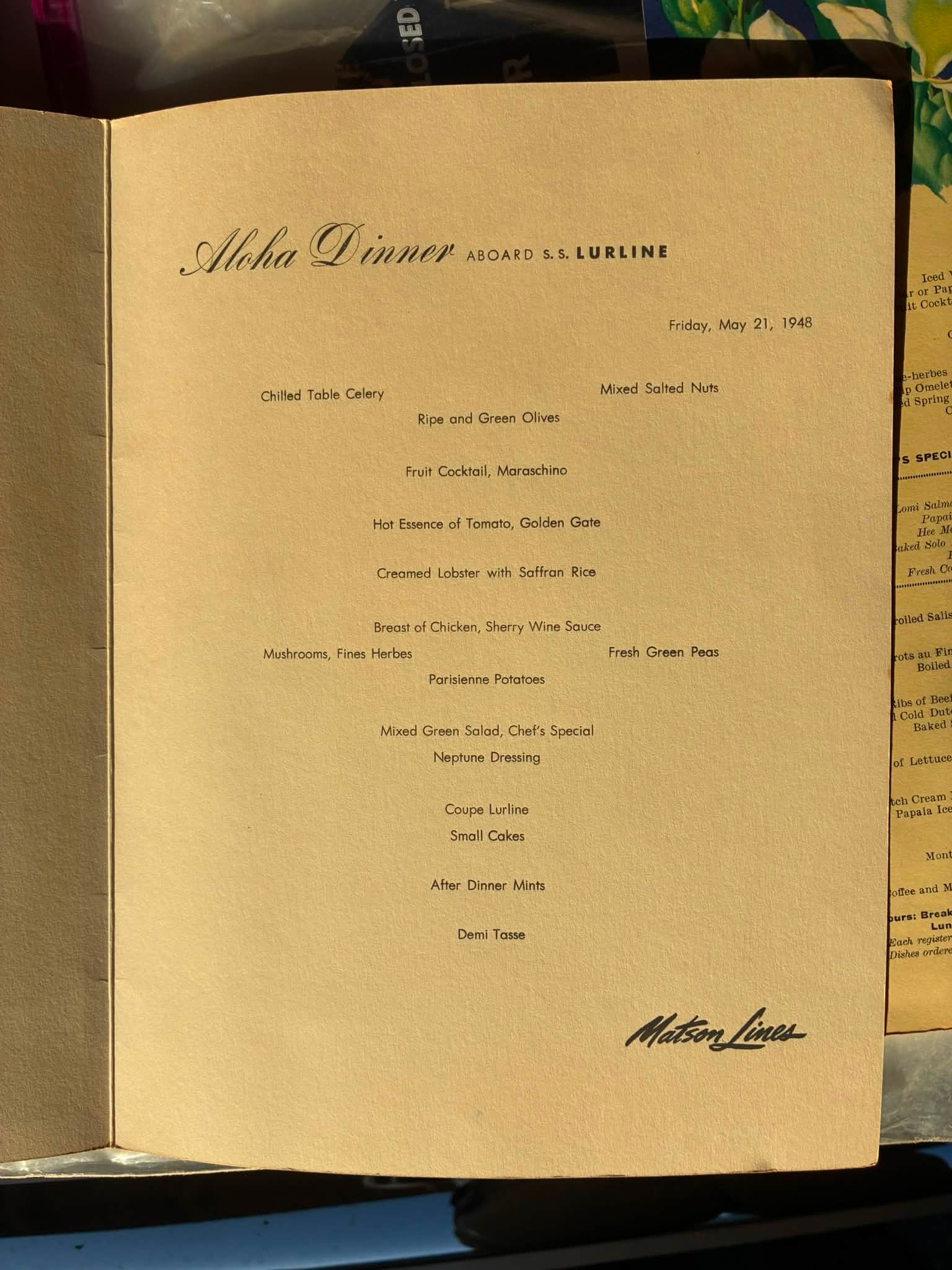 A 1948 cruise menu from the S.S. Lurline, San Francisco to Honolulu