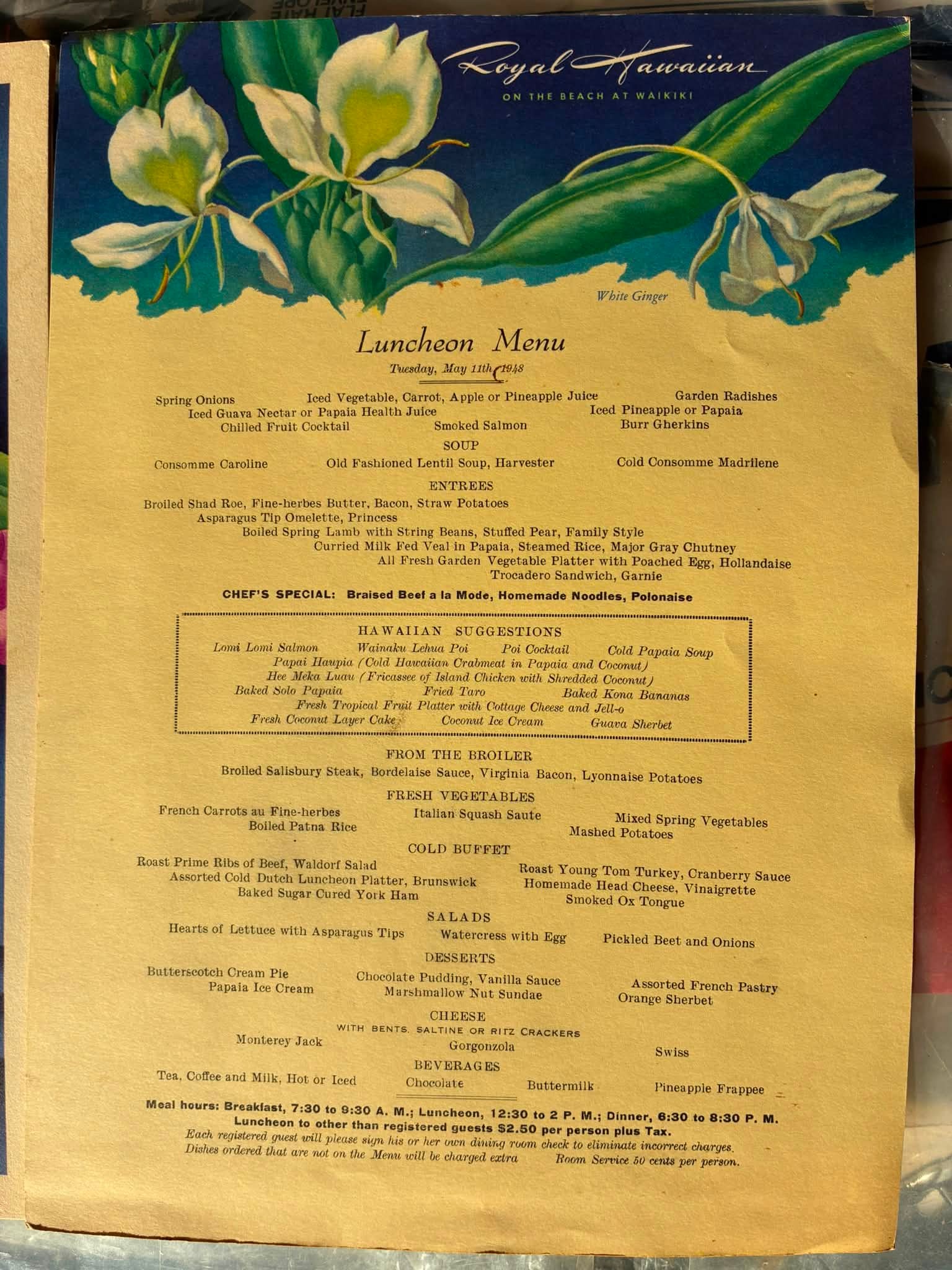 A 1948 cruise menu from the S.S. Lurline, San Francisco to Honolulu