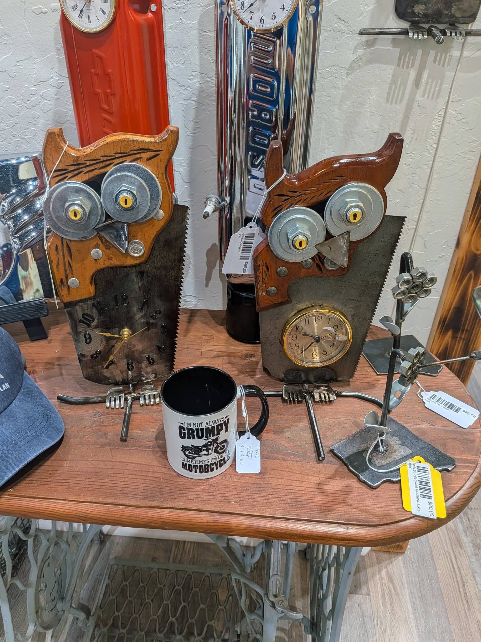 Adele's Treasures in Wilmington, NC offers handmade owl clocks and