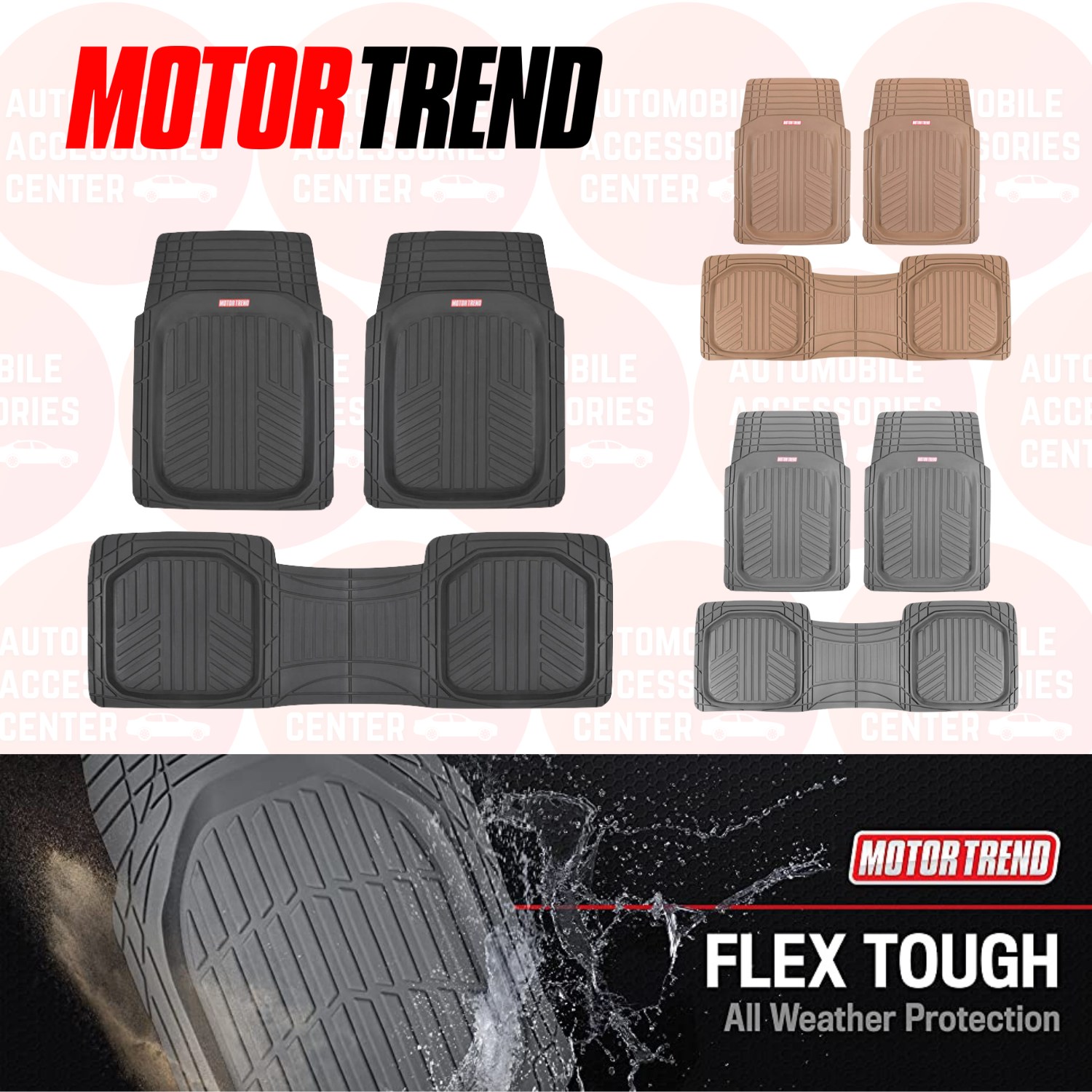 MOTORTREND 5-Piece All-Weather Floor Mats & Cargo Liner Set – Black Tough Rubber Deep Dish