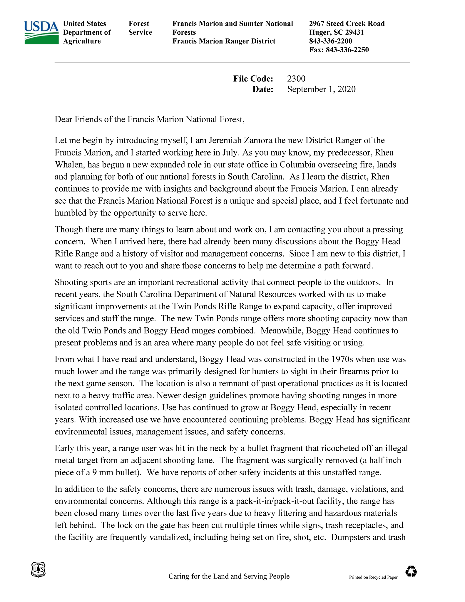 The new District Ranger for the Francis Marion National Forest is ...