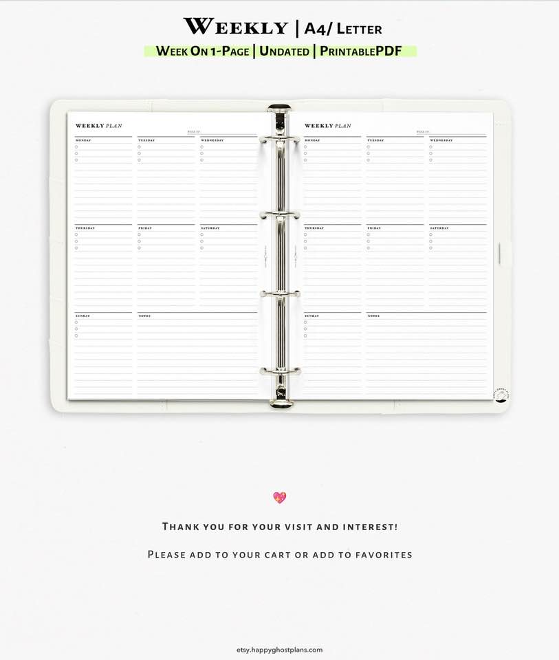 Jang - Week on one page planner printable insert for A4, Letter size ...
