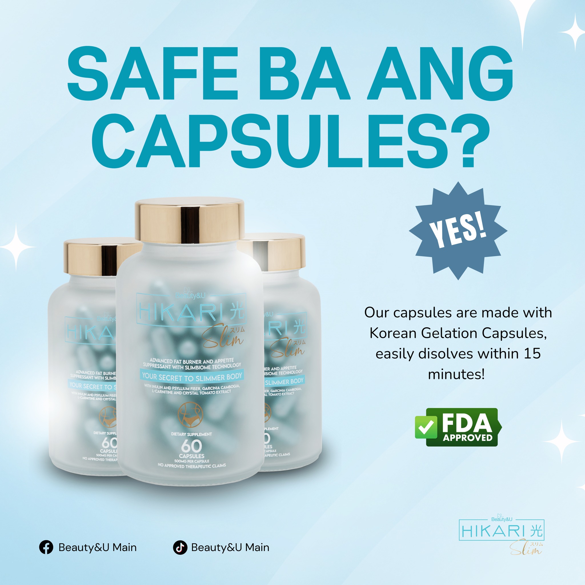 hikari ultra glutathione fda approved Wondering if SLIM capsules are safe? YES kaagad! 🌟 Crafted with Korean Gelation Capsules that dissolve in just 15 minutes, you can trust that you're taking care of your body with Tranexamic Acid for Skin