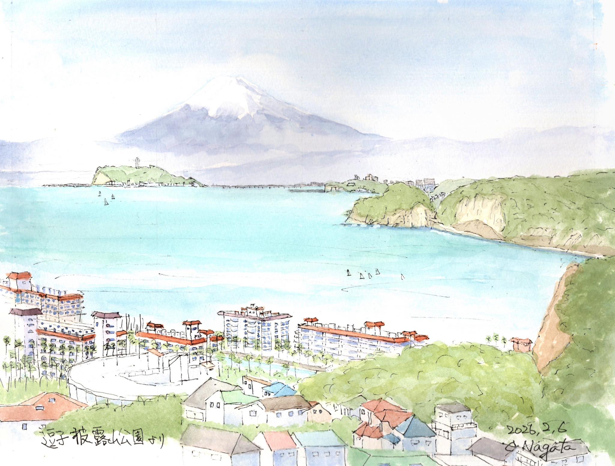 冬の湘南海岸を描く4．．．逗子の披露山公園より。ここから見える冨士
