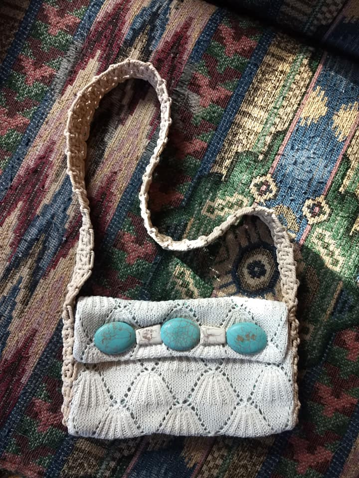 Made a little purse from a vintage doily, belt & faux turquoise 