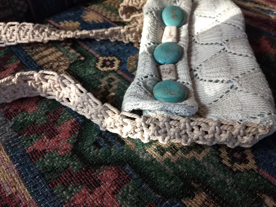 Made a little purse from a vintage doily, belt & faux turquoise 