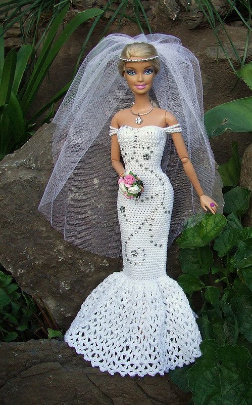 Homemade Barbie wedding dress with free crochet pattern