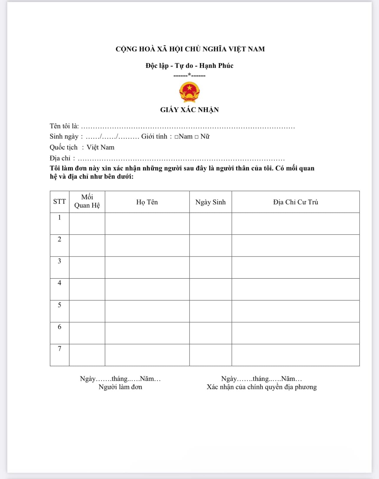 giấy xác nhận nhân thân